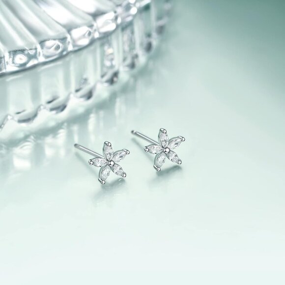 925 Sterling Silver Small Cubic Zirconia Flower Stud Earrings for Sensitive Ears - Picture 2 of 5